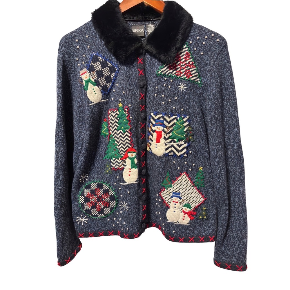 Erika Womens Ugly Christmas Sweater Cardigan Removable Fur Collar Snowman Tree‎